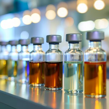 Rang&eacute;e de flacons en verre remplis de liquides color&eacute;s dans un laboratoire scientifique