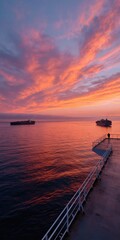 Fototapeta premium Solitary person standing on pier during vibrant sunset over sea