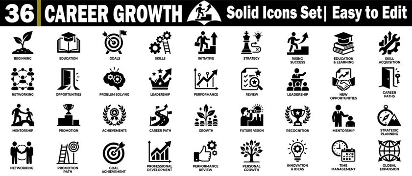 Career growth icon set. Featuring solid black symbols for professional development mentorship goals, strategy success, and leadership.