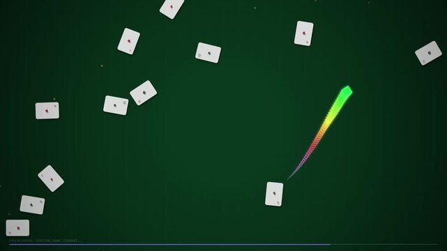 Rainbow digital snake moving across green background with playing cards