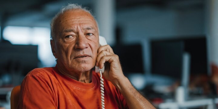 Senior man on phone in open office workspace setting