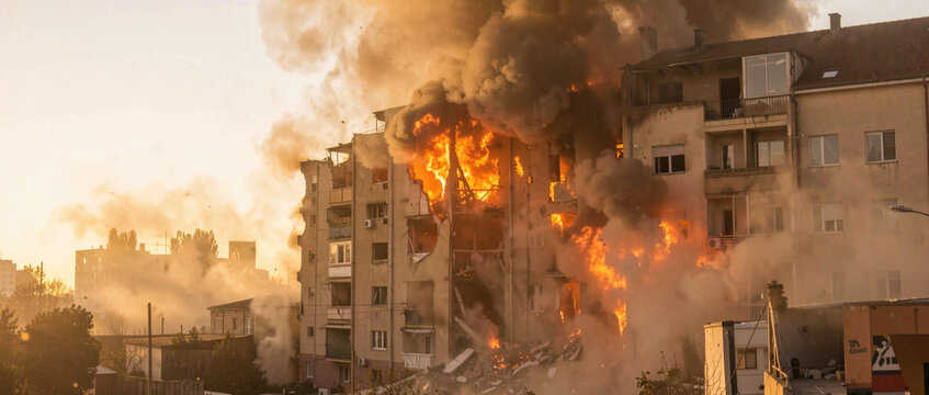 A large building is engulfed in flames in the midst of a bustling city