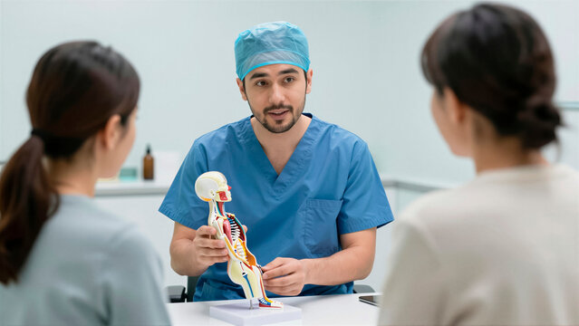 Male surgeon in blue scrub explains a human anatomy model to a patient during a medical consultation. Professional doctor provides health education and expert care in a clinical office