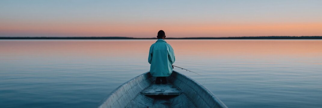 Person sitting fishing at bow of boat on tranquil lake at sunset