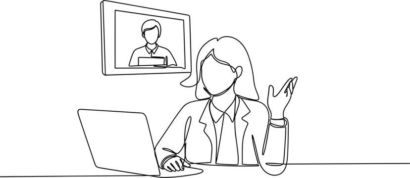 Continuous line drawing of woman in video conference call with colleague on laptop screen