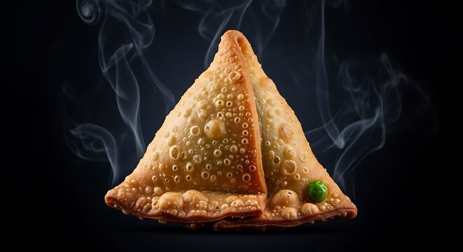 Golden, triangular savory pastry with a single green pea, shrouded in smoke