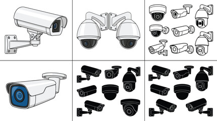 CCTV security camera collection with dome bullet and surveillance devices in outline and silhouette styles © MdSumon