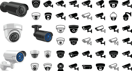 CCTV security camera icon set with dome and bullet surveillance devices in multiple styles © MdSumon