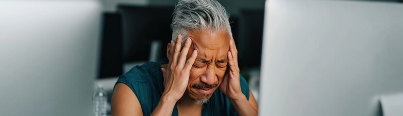 Fototapeta premium Older man holding head in frustration at office desk