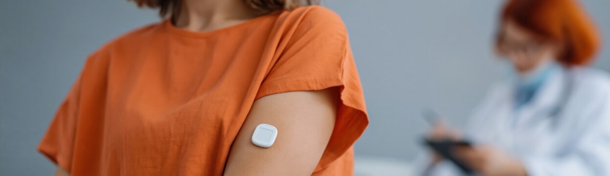 Woman wearing adhesive sensor patch during medical consultation