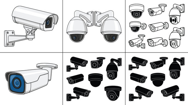 CCTV security camera collection with dome bullet and surveillance devices in outline and silhouette styles