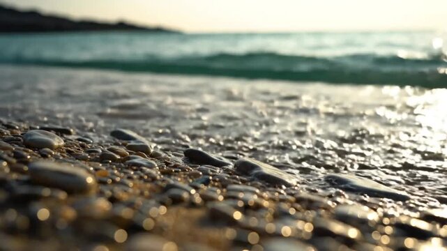 Low angle shot of a tranquil beach with smooth pebbles and gentle waves washing ashore during golden hour