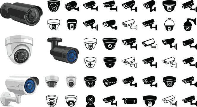 CCTV security camera icon set with dome and bullet surveillance devices in multiple styles