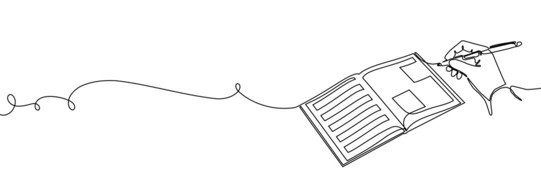 Continuous one line book drawing art paper stack pen vector document. Book art pen open concept continue hand notebook people sketch signature style icon school abstract summary education notepad