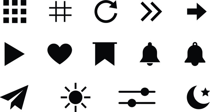 Set of black flat user interface icons including heart bell arrow moon sun and menu symbols for mobile applications and websites.