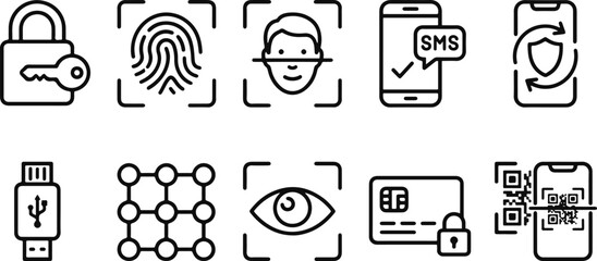 Fototapeta premium Black line icons of digital security and technology