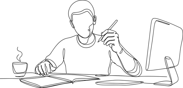 Continuous line drawing of a person studying at a desk with a computer and coffee.