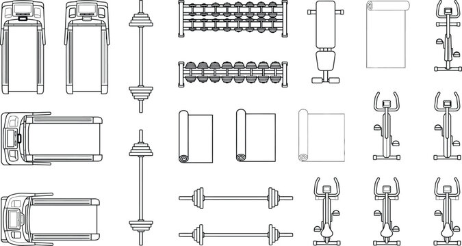 Top view gym floor plan CAD vector, fitness center layout with treadmills, dumbbells, benches and machines for architectural blueprint, interior design and space planning diagrams