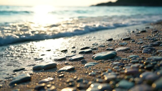 Tranquil coastal scene: Gentle waves lap a pebble beach as the sun glistens over the turquoise ocean.