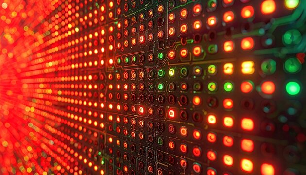 Extreme close up view of an LED pixel matrix showing glowing red and green diodes arranged in a precise grid with sharp macro detail revealing electronic texture and light diffusion.