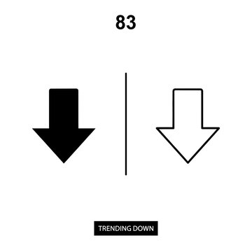 Down arrow icon and trending down graphic with number 83 signifying decline and negative trends trending downward decrease business negative