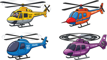 Emergency helicopter vector set featuring rescue police fire and air ambulance aircraft in cartoon style © MDSHAHIDUL