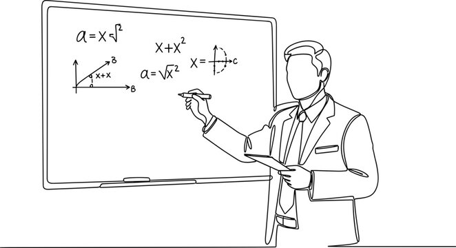 Teacher Explaining Math Formulas on Whiteboard, Education Concept, Hand-drawn Style