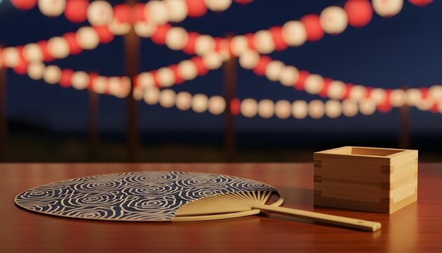 Traditional Japanese uchiwa fan and wooden masu cup on a table under an illuminated night for a festive harmony and Bon Odori festival concept