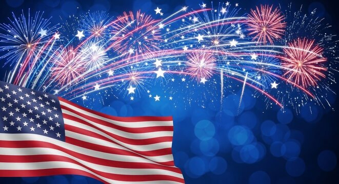 American flag waving with vibrant fireworks exploding in the night sky on a festive evening
