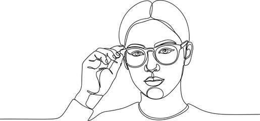 Fototapeta premium Minimalist Line Art Portrait of a Young Woman Adjusting Glasses