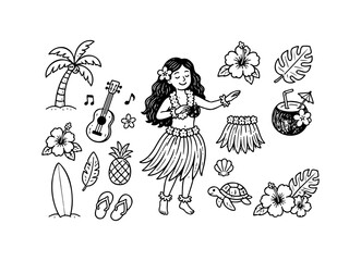 Charming hand-drawn Hawaiian hula girl with tropical elements including palm trees, flowers, ukulele, and beach items in clean line art style, perfect for summer, travel, and island-themed designs. © Resmi