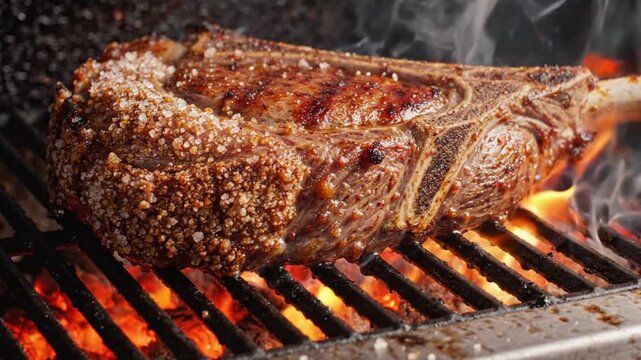 Cinematic 4k close up of juicy Brazilian BBQ beef ribs roasting on a grill over glowing orange embers with flickering flames in a seamless loop.