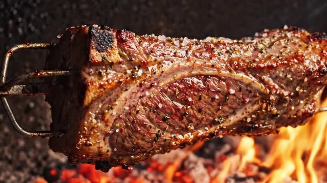 Traditional Brazilian BBQ beef ribs on a rotisserie skewer roasting over vibrant hot charcoal embers and small fire flames in a high quality loop.
