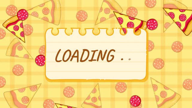Cute Kawaii Pizza Loading Screen Animation with Falling Pizza Slices and Pepperoni on a Yellow Checkered Background