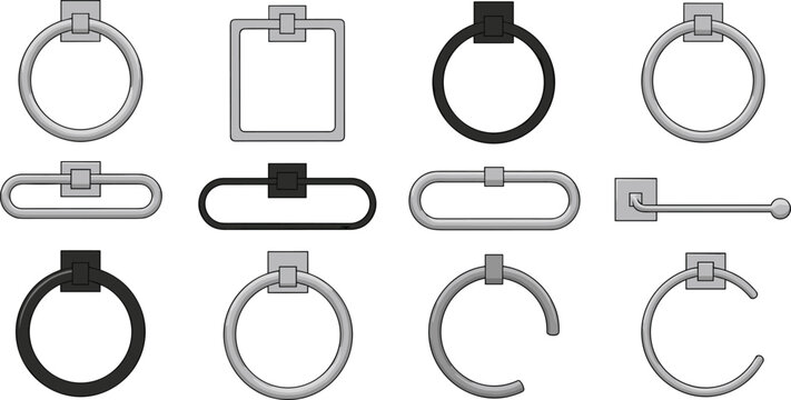 Set of professional towel ring and bathroom hardware icons black and white vector collection of wall mounted towel holders and vanity fixtures household accessory assets isolated on white
