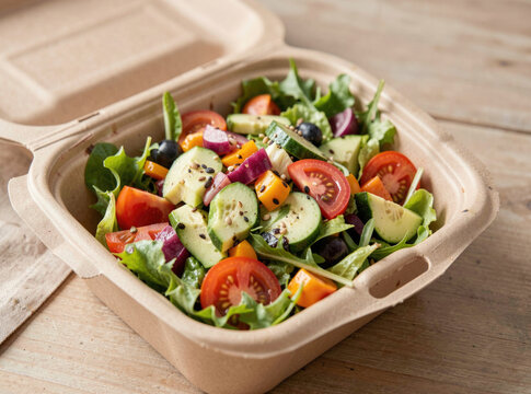 A bowl of mixed greens and vegetables in a white styrofoam container, perfect for a quick lunch or snack