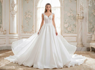Fototapeta premium A woman in a white wedding dress stands alone in a room