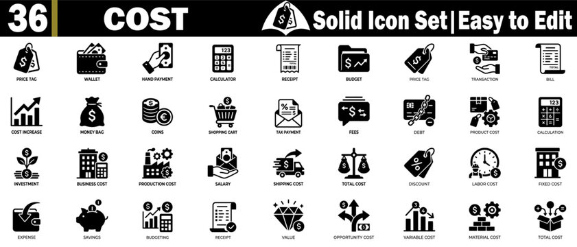 Cost solid icon set. Easy to edit with a diverse collection of financial symbols and elements.