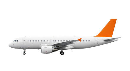 Obraz premium Side view of a white passenger airplane with an orange tail fin, isolated on transparent background