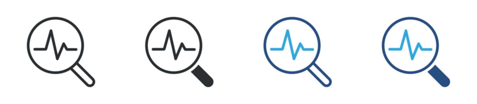 Health monitoring icon set. heartbeat pulse inside magnifying glass. diagnostics and analysis concept. vector illustration.