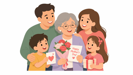 Obraz premium Family celebrating Mother's Day with a bouquet of flowers and cards