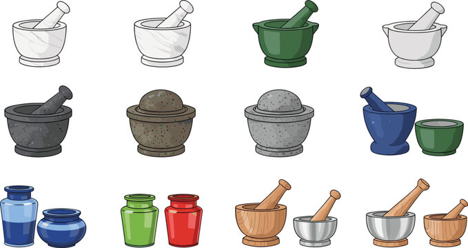 Large collection of traditional spice grinder icons set mortar and pestle with manual stone mill and colorful ceramic kitchenware culinary equipment assets isolated on white background