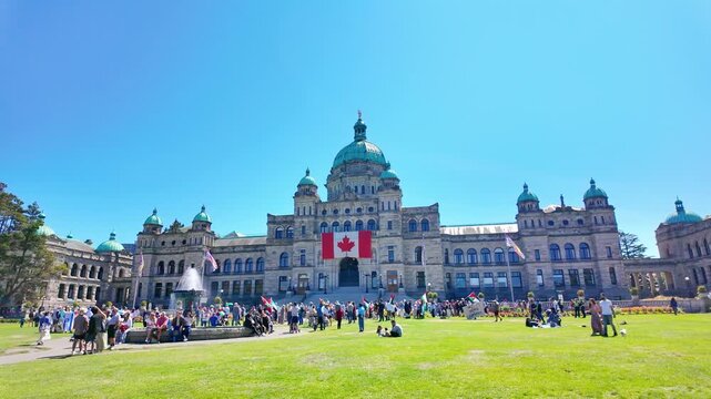 Victoria, BC, Canada &ndash; May 2, 2026: Protesters gather at British Columbia Parliament Buildings