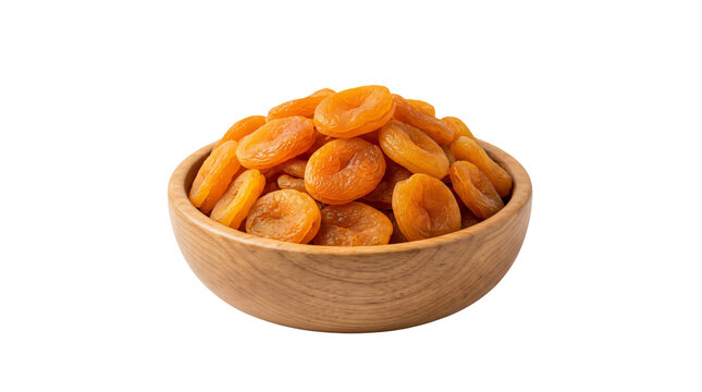 dried apricots in a wooden bowl on white background