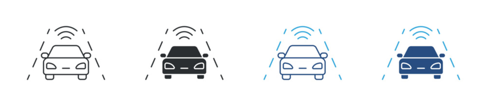 Smart car on road icon set. autonomous vehicle with signal waves. modern transportation and driving technology concept. vector illustration.