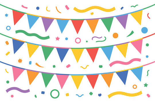 Colorful festive bunting flags with confetti and celebration decorations isolated