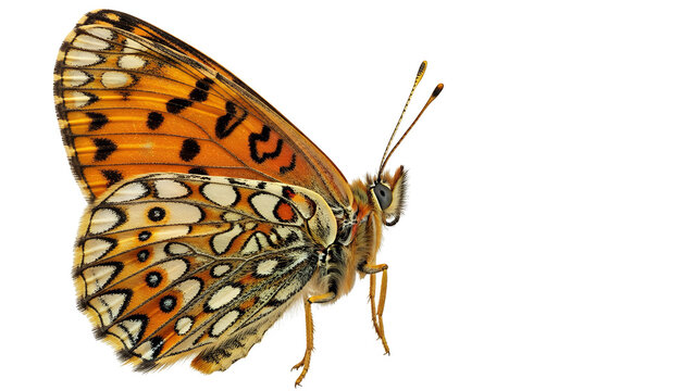 Butterfly with complex orange and white geometric wing patterns stands isolated on a white surface for scientific study.