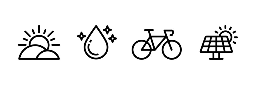Four simple icons representing renewable energy and eco friendly lifestyle concepts