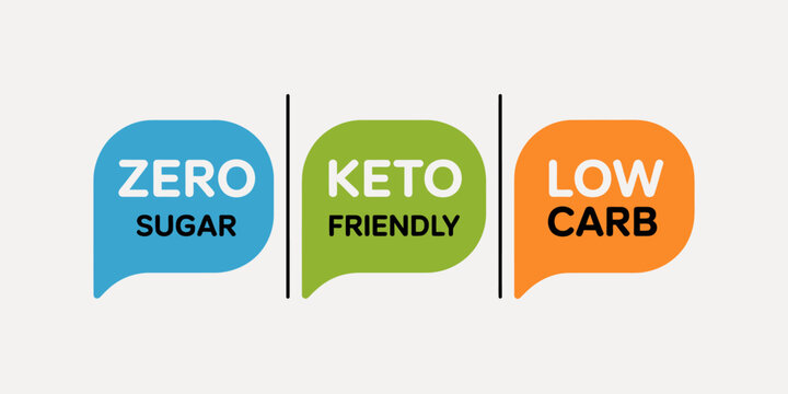 Colorful speech bubbles showing zero sugar keto friendly low carb diet labels