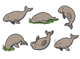 Cute Manatee Illustrations Set. © Ananda Putri